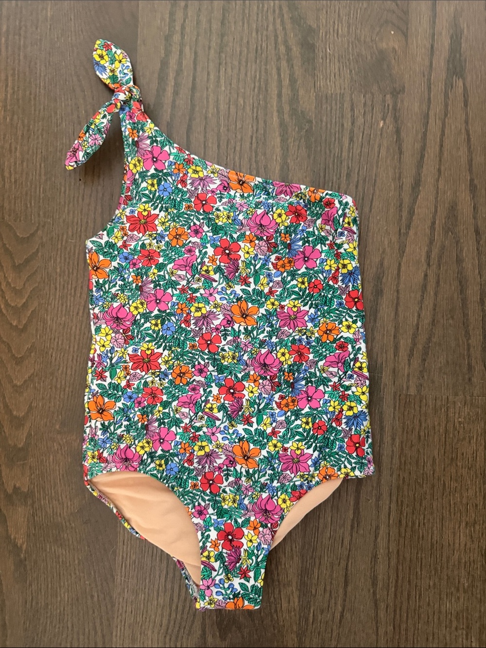 Crewcuts One-Shoulder Floral Swim One-Piece in Pink, Orange & Green